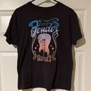 Fender Black Tee with Blue and Pink Guitar Design